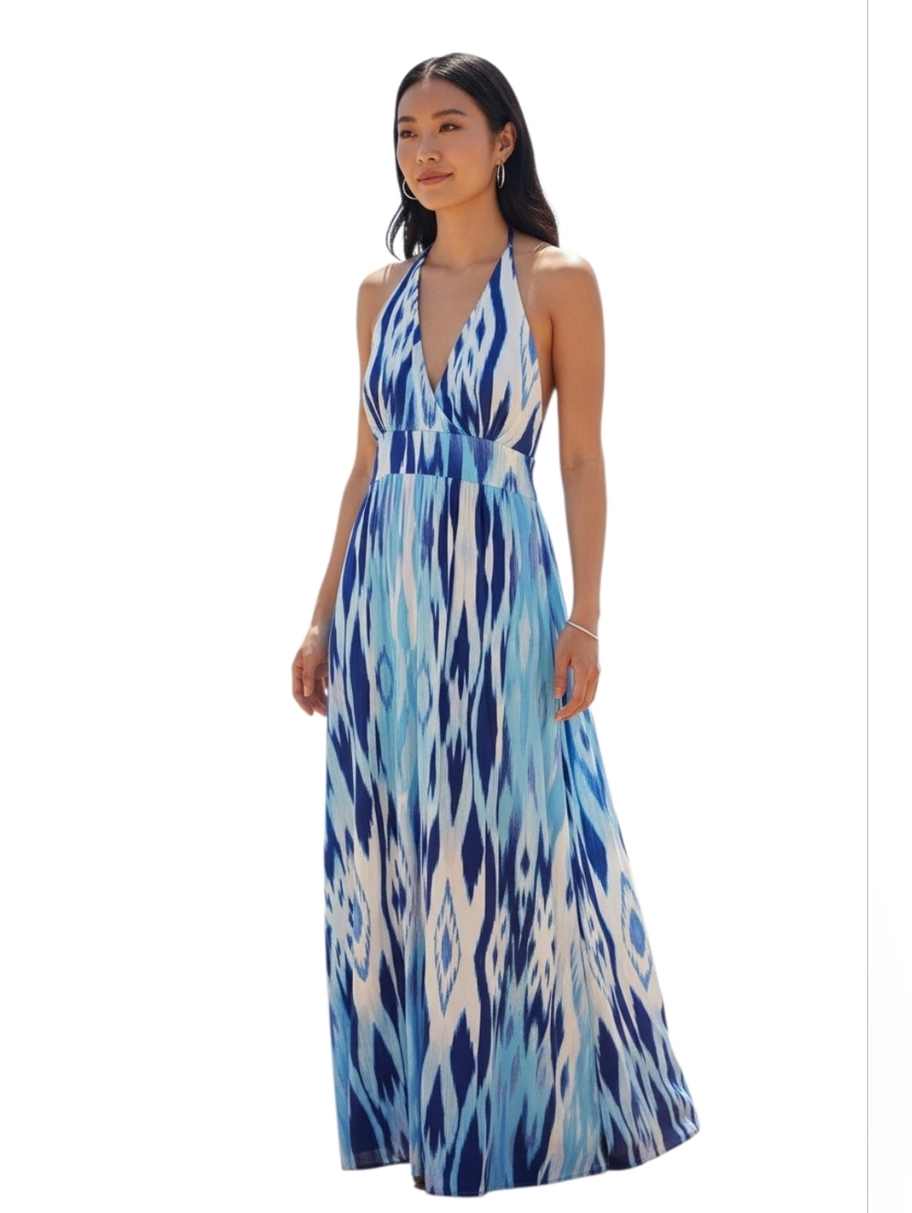 Athleta Blue Ikat Halter Maxi Dress with White Accents